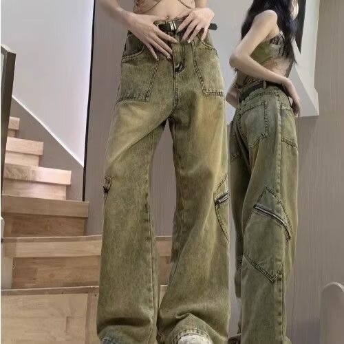 韓國chic多口袋拉鏈設計水洗工裝牛仔褲寬鬆闊腿街頭風百搭褲子女