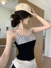 ~French retro leopard print splicing suspender vest slim fit versatile with chest pad base coat