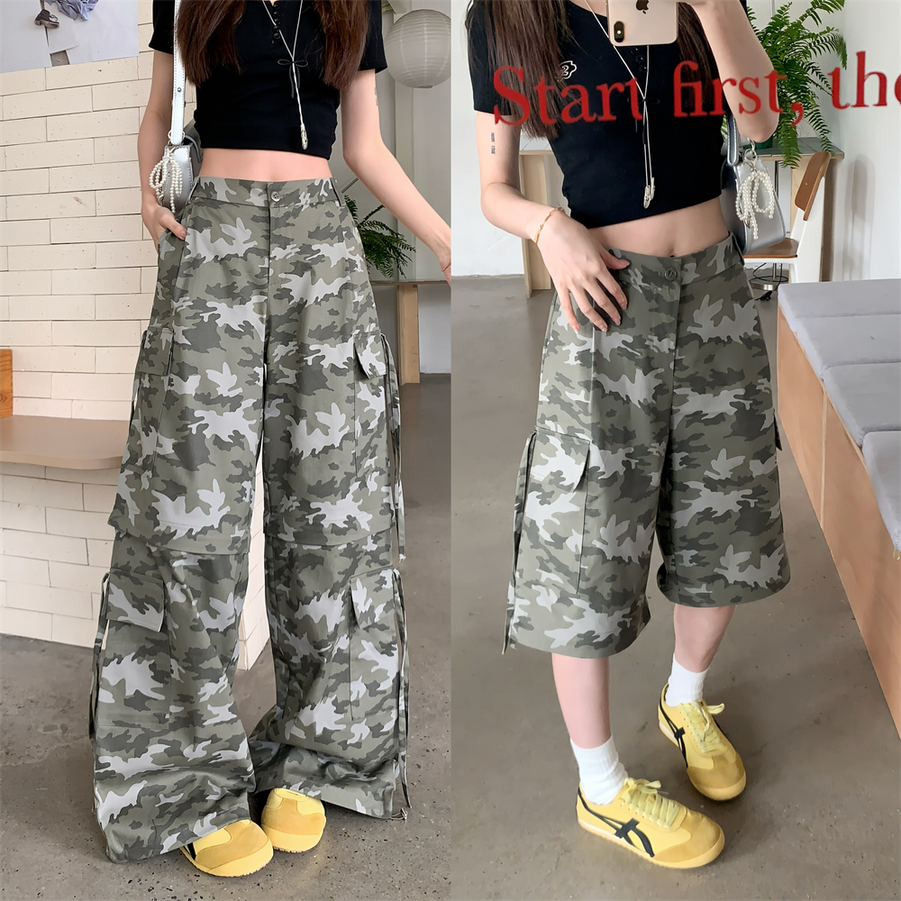 實拍 重工迷彩水洗口袋拉鏈二合一可拆卸工裝休閒褲闊腿長褲