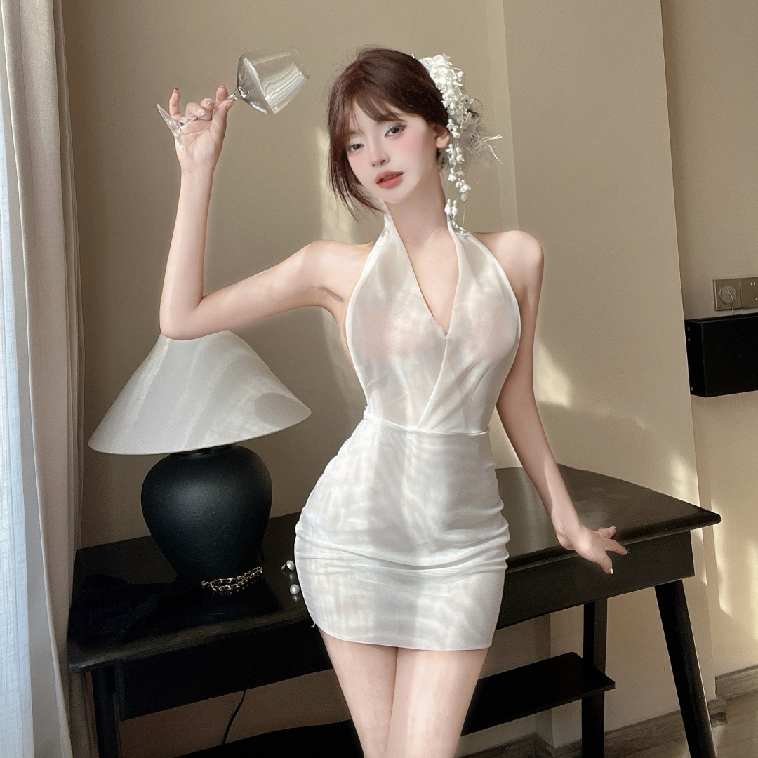 Real shot of sexy transparent mesh halter neck and hips deep V low-cut dress