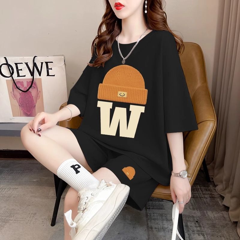 Real photos and smooth cotton casual sportswear suits for summer new style student shorts T-shirts large size two-piece set women's fashion