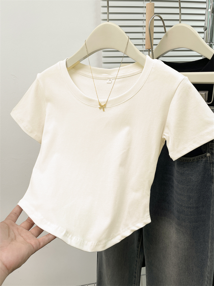 Real-life design of large products pure and sweet hot girl sexy u-neck short-sleeved T-shirt women irregular short top