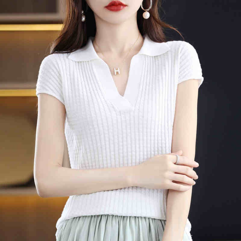 Wool-blend POLO neck short-sleeved sweater for women loose slim plaid top summer new T-shirt pullover sweater