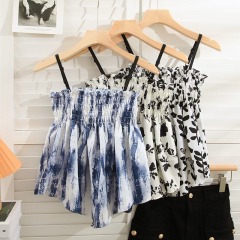 Korean version of pleated wood ear print slim suspender shirt for women 2025 new fashionable and versatile short style outside wear vest