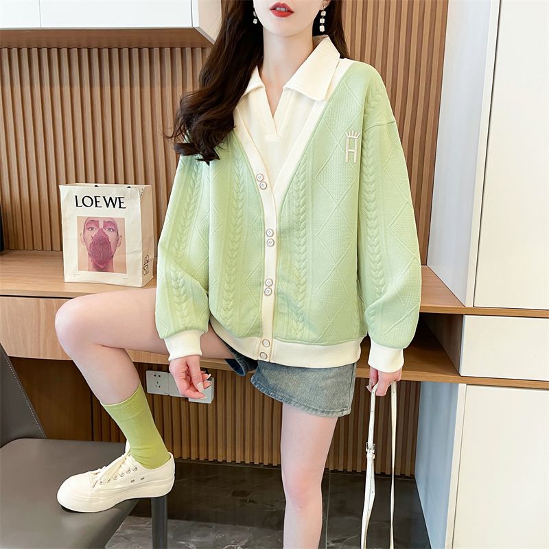 Real shot of polo neck jacquard sweatshirt for women's new spring and autumn fashionable age-reducing loose design top trendy