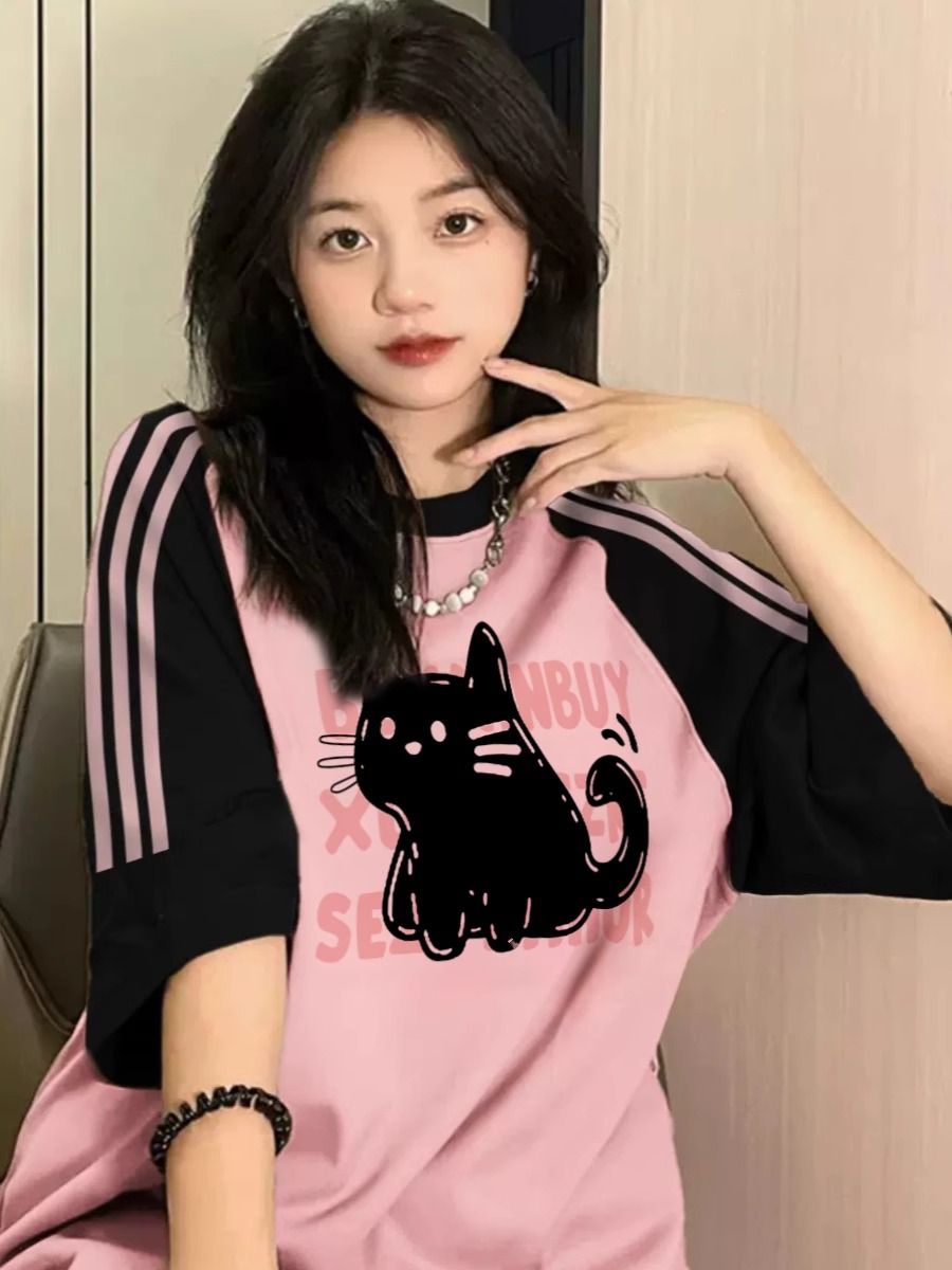 Pure cotton large-size women's T-shirt spring and summer new design Korean loose short-sleeved cartoon printed T-shirt top for women