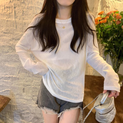Lazy style candy color sunscreen long-sleeved T-shirt for women in summer slightly transparent round neck loose blouse simple top ins