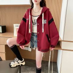Real photos of Huamian loose hooded baseball uniform jacket for women in spring and autumn design niche contrast color splicing cardigan