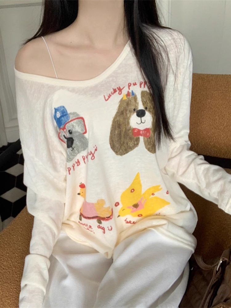 Original fabric printed T-shirt for women's thin sunscreen tops for spring fashionable lazy loose design blouse