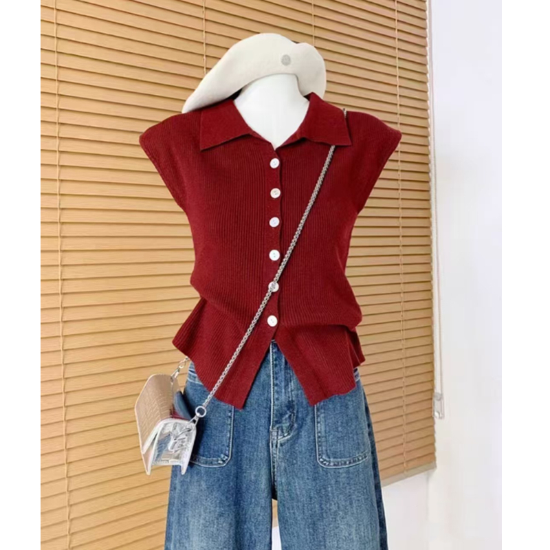 Knitted sweater Hong Kong style retro POLO collar single-breasted small flying sleeve knitted cardigan for women