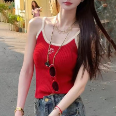 非實拍 美式復古字母刺繡修身顯瘦U領撞色針織吊帶背心上衣潮