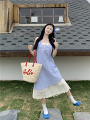 Real-life design lace-up plaid suspender skirt 2025 new fake two-piece contrasting color splicing temperament dress