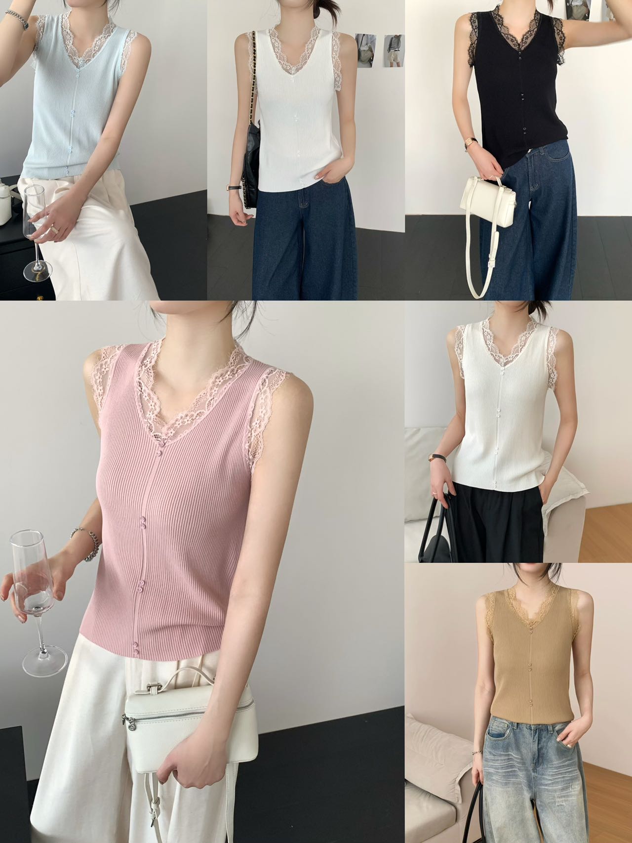 Quzhu Bingsik knitted new women's sleeveless lace spliced ​​sweater for women slim fit vest