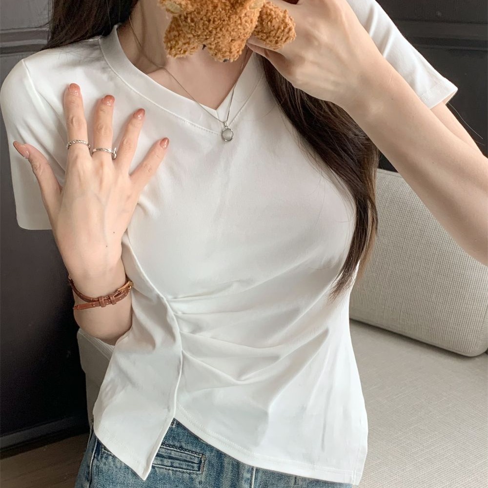 Real shot 40 pure cotton 210g 92 cotton/8 spandex short-sleeved T-shirt for women wrinkled waist