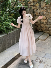Real shot of gentle style, fresh French lace-up puff sleeve dress, women's new summer super fairy silk skirt