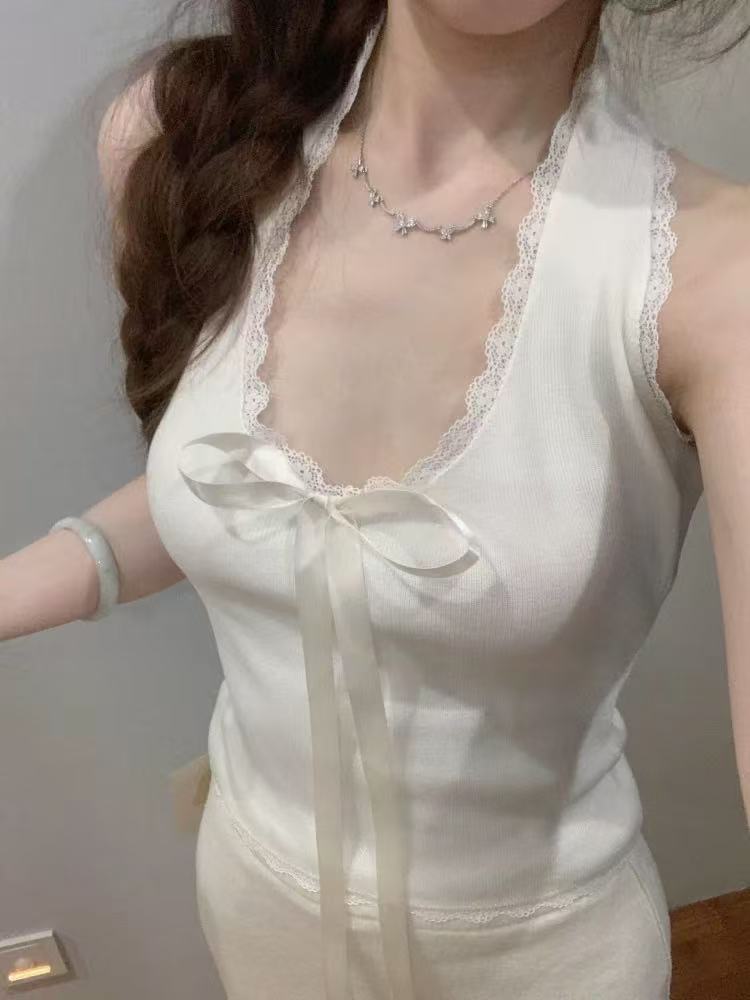 非實拍 蝴蝶結蕾絲白色掛脖吊帶背心帶胸墊辣妹內搭花邊上衣