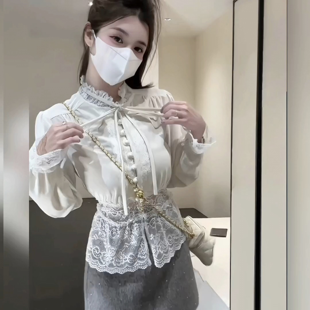 韓國chic拼接蕾絲鈎花長袖襯衫女春季收腰顯瘦設計感小眾辣妹上衣