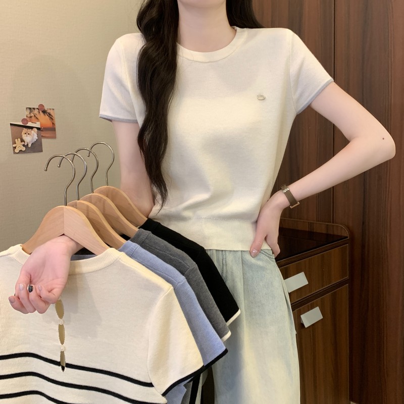 實拍韓系設計感後背鏤空百搭圓領小個子短款針織短袖拼色上衣