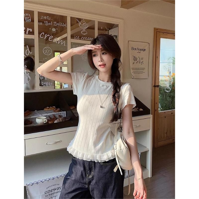 原版布料韓系甜美蕾絲花邊拼接短袖T恤女