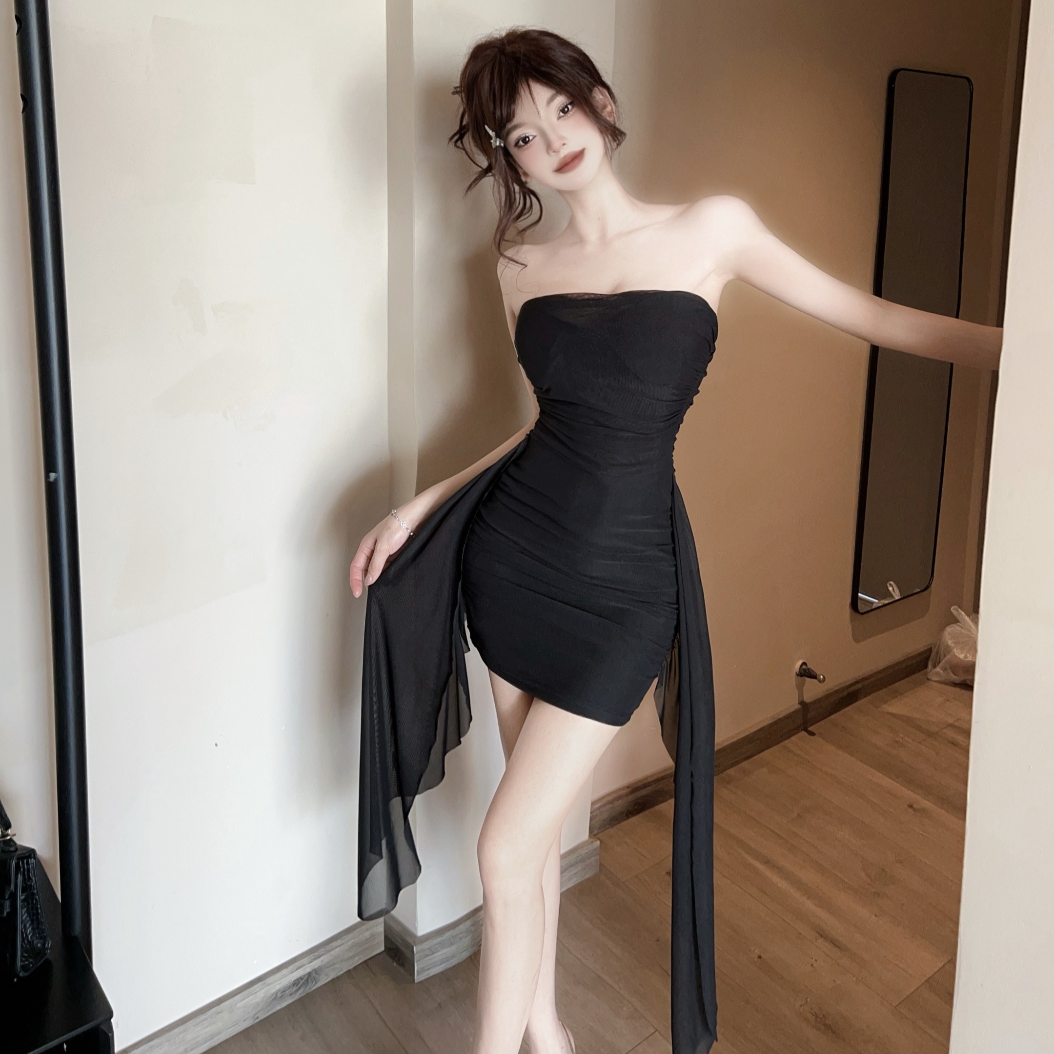 Real-life sexy mesh tassel irregular strap suspender short hip strap dress