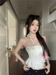 ~French sweet bow lace neck vest slim fit versatile with chest pad base coat