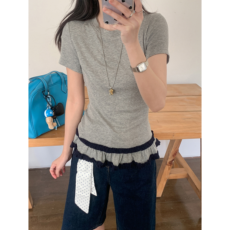 Real-life round neck straight shoulder short-sleeved T-shirt for women with lace splicing slim cotton inner short top