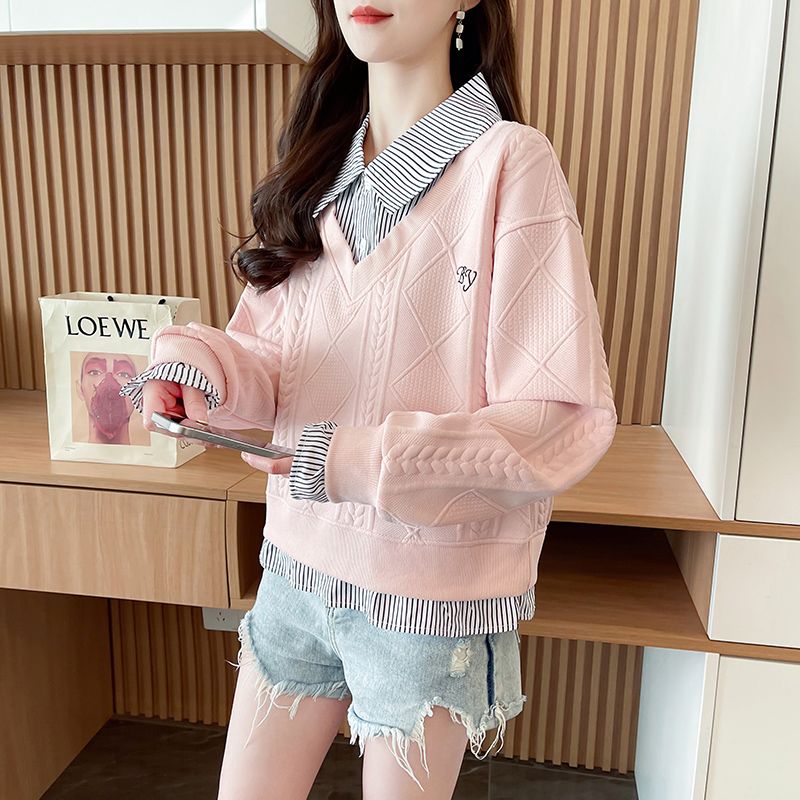 Real shot of polo neck fake two-piece sweatshirt for women's new spring and autumn fashionable age-reducing loose design top trendy