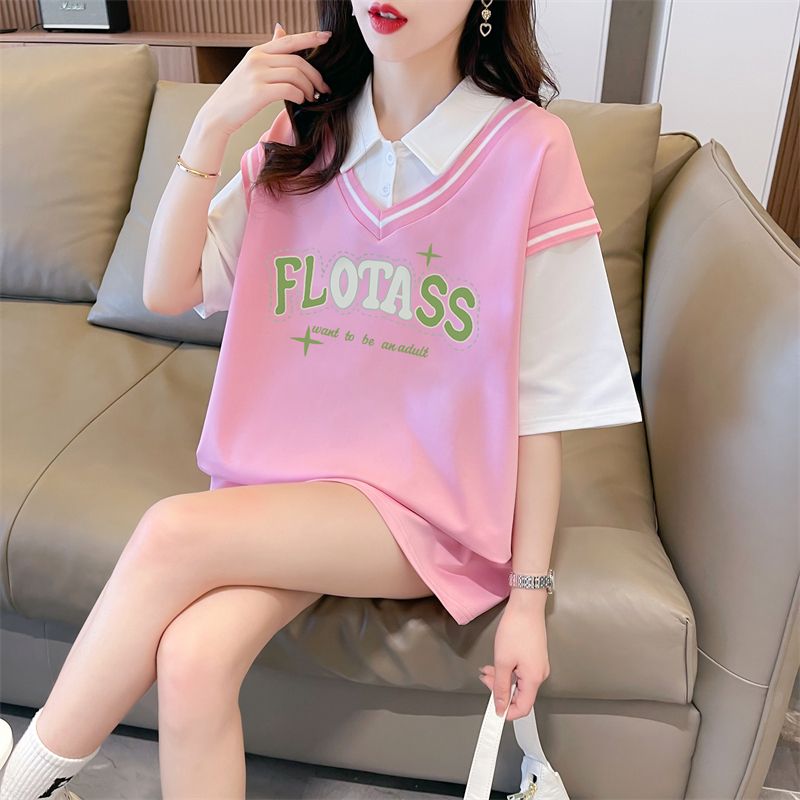 Real shot of polo neck fake two-piece T-shirt large-size women's new summer fashionable age-reducing loose short-sleeved top trendy