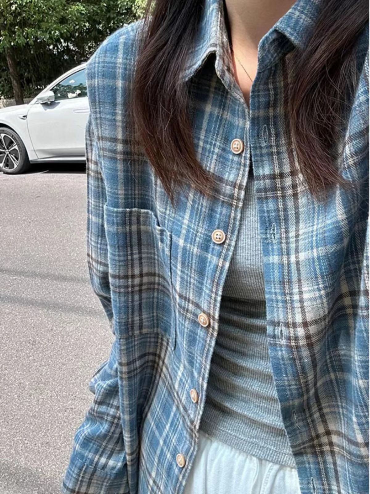 Back waist spliced ​​plaid shirt for men and women's spring and autumn new loose casual long-sleeved versatile shirt retro jacket