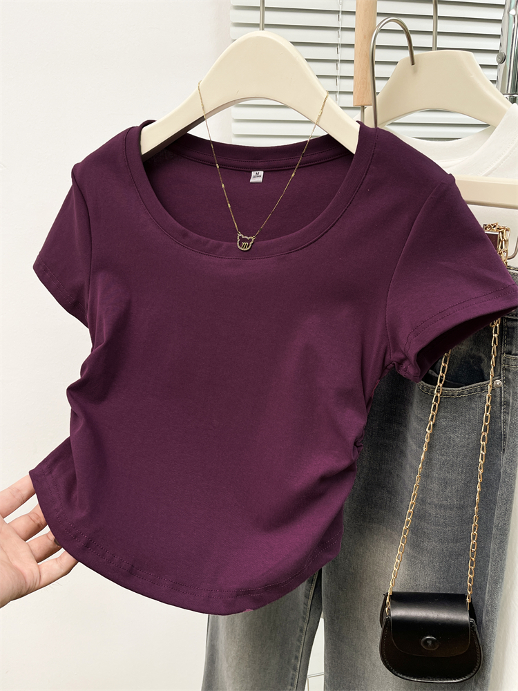 Large product real shot of slim round neck short sleeve women's T-shirt for women in summer design niche short slim top