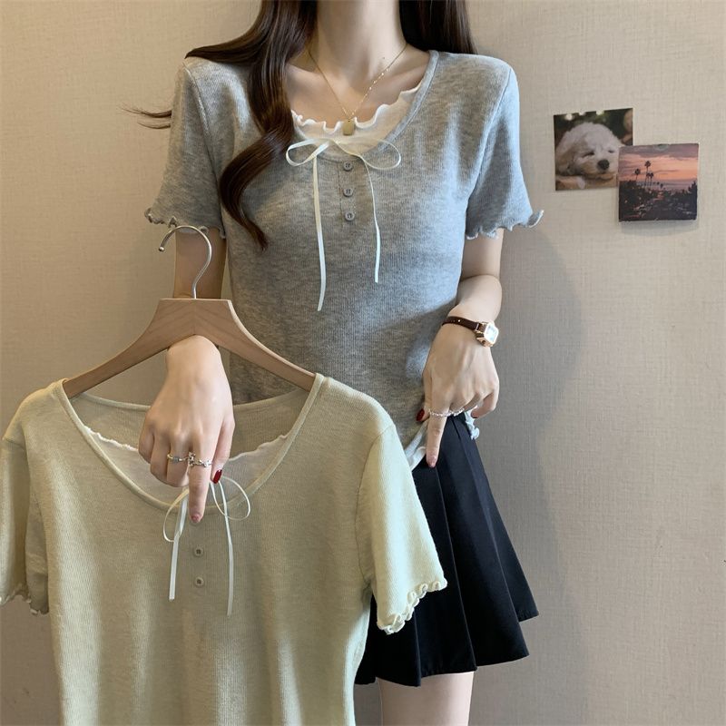 2025 Summer New Sweet Fake Two-Piece Lace Bow Collar Knitted Short Sleeve Top T-Shirt