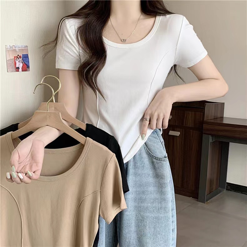 Real shot of pure cotton ribbed round neck irregular short-sleeved top for women