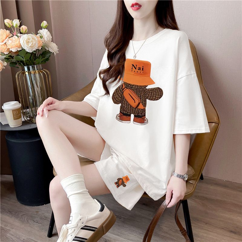 Slippery cotton casual sportswear suit for women in summer new style student shorts T-shirt large size two-piece set women's fashion