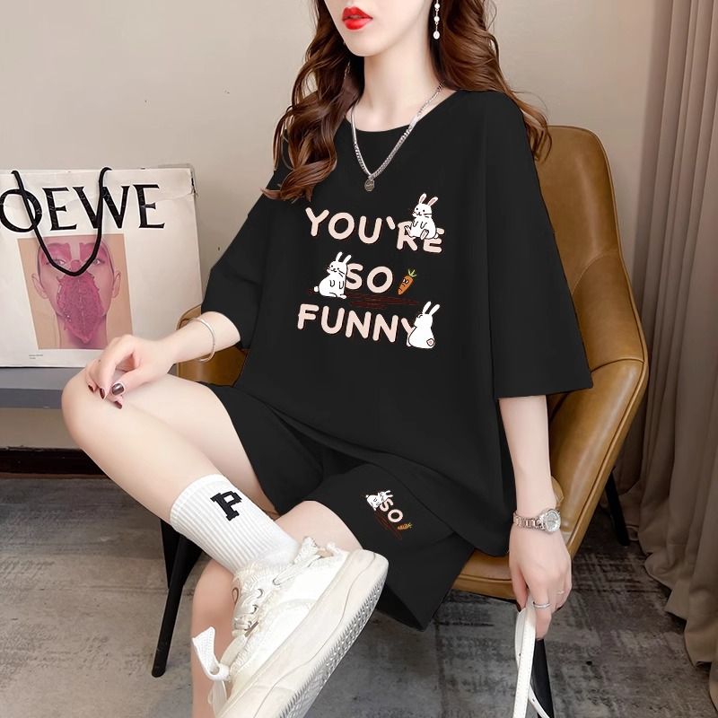 Real photos and smooth cotton casual sportswear suits for summer new style student shorts T-shirts large size two-piece set women's fashion