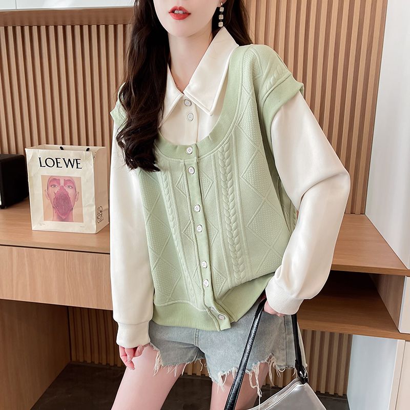 Real shot of polo two-piece sweatshirt for women's new spring and autumn fashionable age-reducing loose large-size women's tops trendy