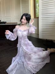 氣質仙女紫暈染仙氣蝴蝶燙金荷葉邊長袖連衣裙