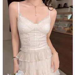 非實拍 法式蕾絲花邊小吊帶背心女新款帶胸墊修身顯瘦打底衣