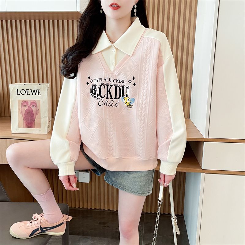 Real shot of polo neck jacquard sweatshirt for women's new spring and autumn fashionable age-reducing loose design top trendy