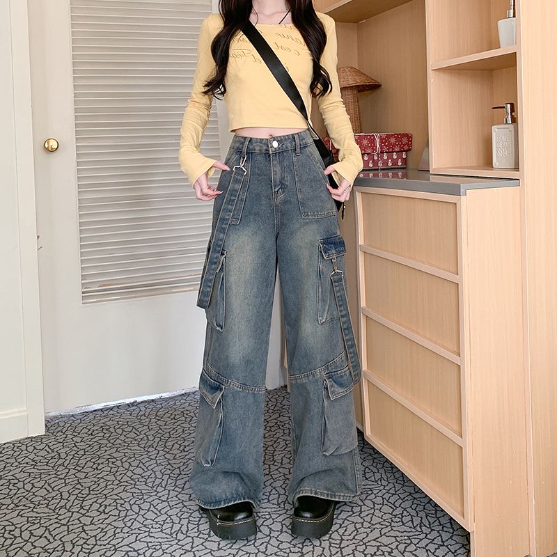 Real shot ~ American high street retro work suit denim overalls for women multi-pocket straight loose jeans