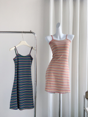 實拍小個子梨型身材法式粉色條紋短款吊帶連衣裙子短裙夏季新款女