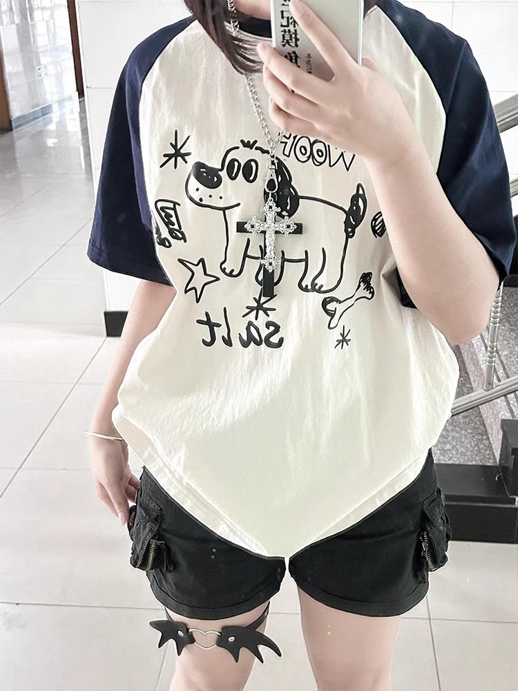 American retro cotton raglan sleeves T-shirt for women's summer new loose Hong Kong style top high quality