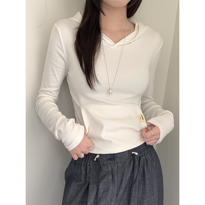 Real-life slim short niche label long-sleeved hooded top 2025 solid color simple versatile T-shirt base shirt