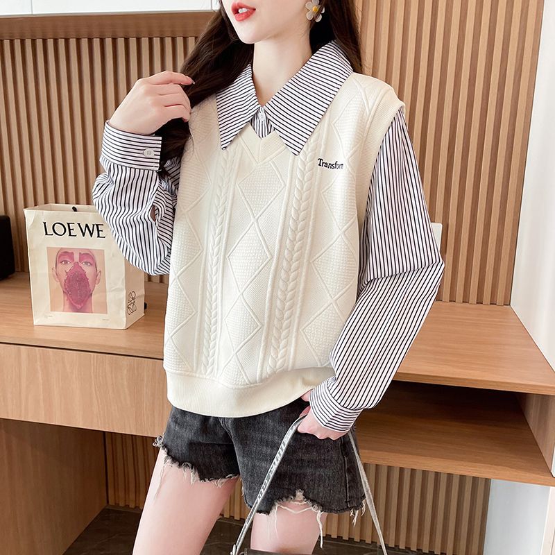 Real shot of polo neck fake two-piece sweatshirt for women's new spring and autumn fashionable age-reducing loose design top trendy