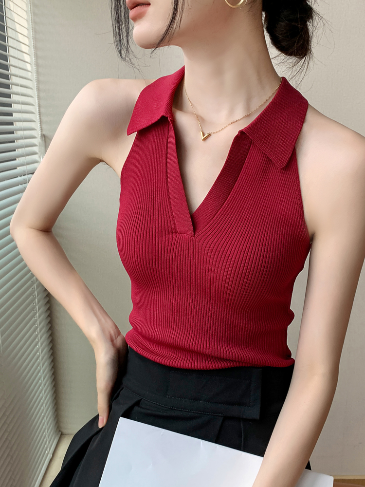 Lapel sleeveless top for women summer high-end niche slim fit T-shirt sweet and spicy neck v-neck knitted vest