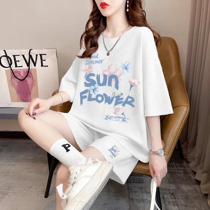 Real photos and smooth cotton casual sportswear suits for summer new style student shorts T-shirts large size two-piece set women's fashion