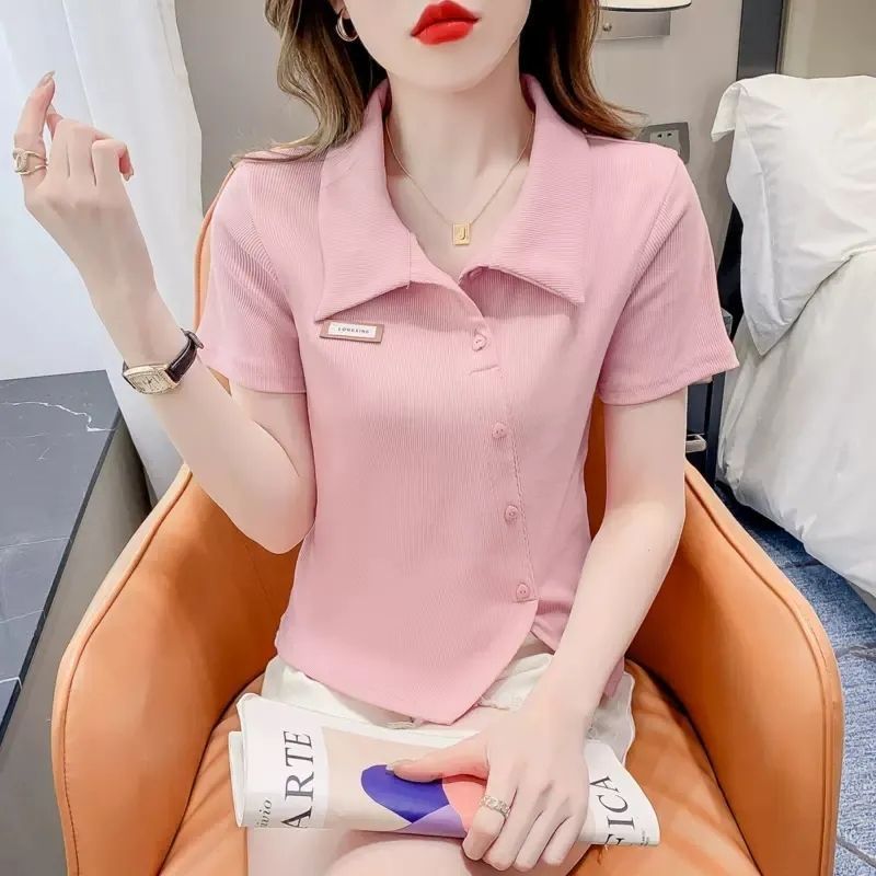 92棉 純棉 polo領設計感小眾短袖T恤女開叉洋氣獨特别致短款上衣