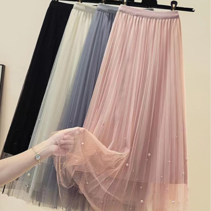 Large size women's fat mm2025 spring beaded mesh skirt Fat sister mid-length high-waist pleated skirt