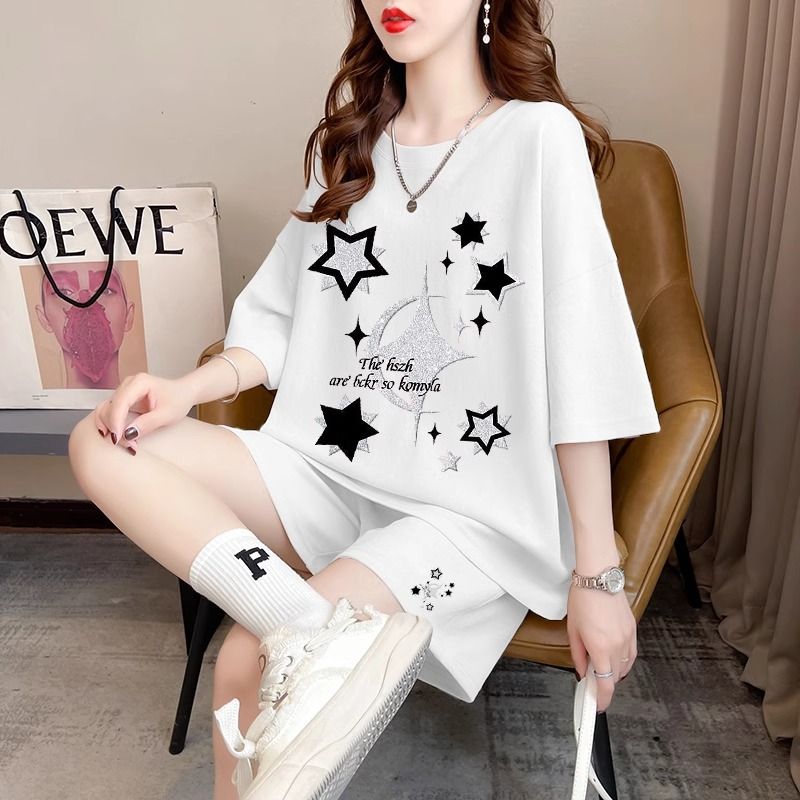 Real photos and smooth cotton casual sportswear suits for summer new style student shorts T-shirts large size two-piece set women's fashion