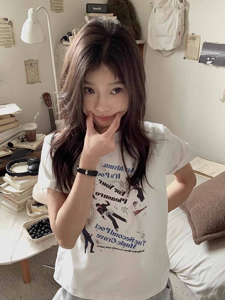 Printed front shoulder short-sleeved T-shirt for women in summer new niche American pure cotton slim T-shirt top