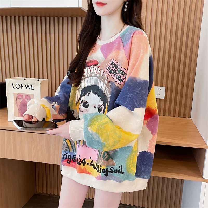 Real photos of Hua Cotton tie-dye cartoon round neck sweatshirt for women loose Korean new spring and autumn design top